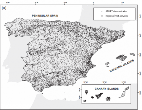 Localització de les estacions pluviomètriques emprades al treball Serrano-Notivoli, R., Beguería, S., Saz, M. Á., Longares, L. A., and de Luis, M.: SPREAD: a high-resolution daily gridded precipitation dataset for Spain – an extreme events frequency and intensity overview, Earth Syst. Sci. Data, 9, 721–738, https://doi.org/10.5194/essd-9-721-2017, 2017.